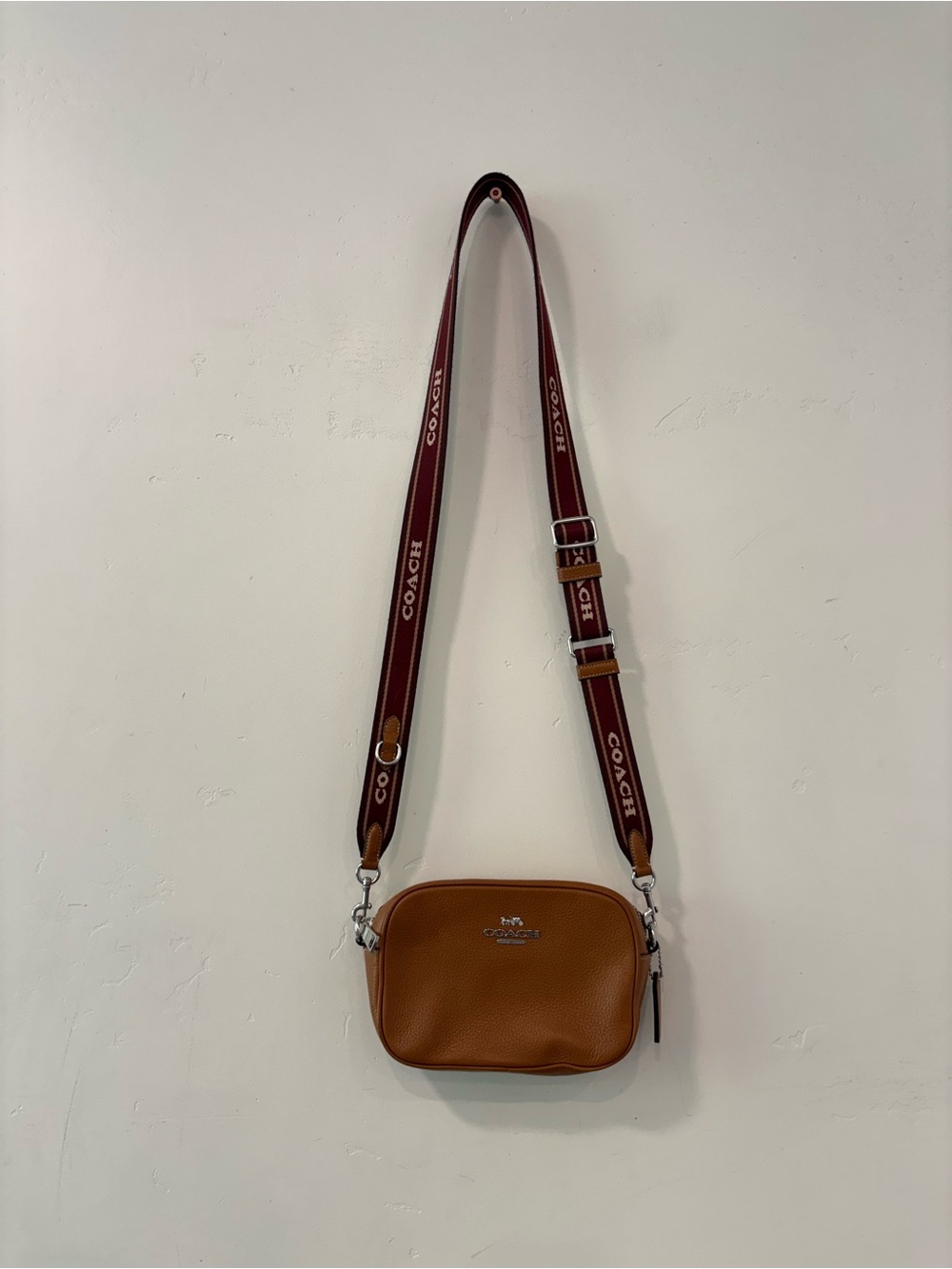 Coach Tan Crossbody Bag with Burgundy Logo Strap